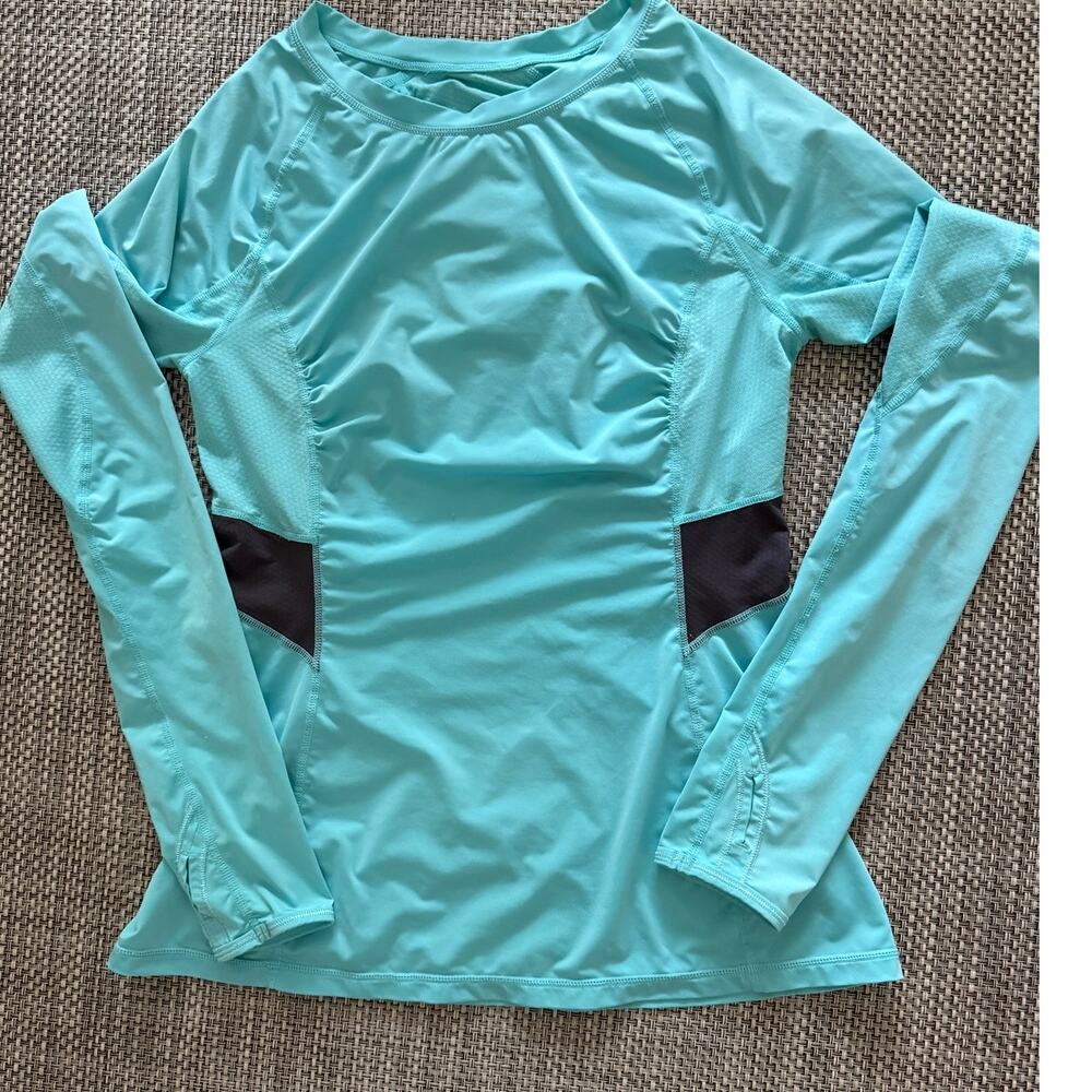 LULULEMON Run Sun Blocker Ruched Pullover Long Sleeve Top Tee Turquoise Navy 8 - Picture 1 of 6